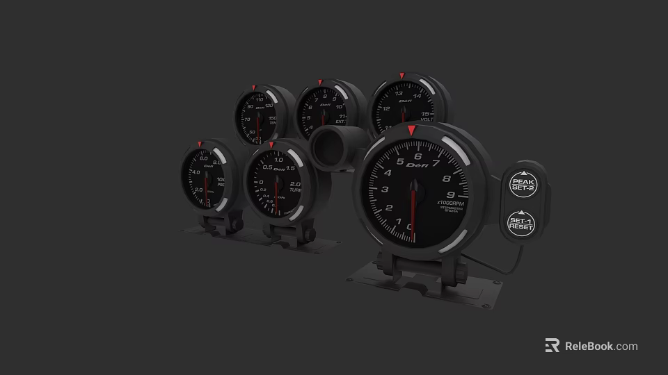 Black Car Dashboard Gauges With Red Pointers And Multiple Instruments 3d model
