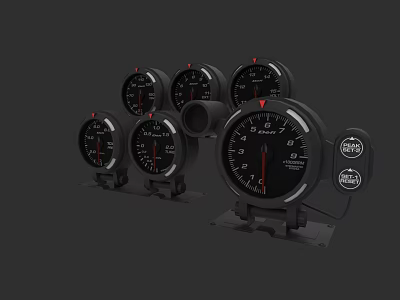 Black Car Dashboard Gauges With Red Pointers And Multiple Instruments 3d model
