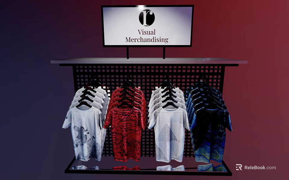 Retail Display Shelf with Digital Screen Showing Visual Merchandising and Hanging Colorful Printed T-shirts 3d model 