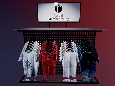 Retail Display Shelf with Digital Screen Showing Visual Merchandising and Hanging Colorful Printed T-shirts 3d model