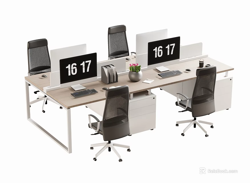 Modern Office Desk Workstation With Computer Monitors Office Chairs Dividers And Potted Plant 3d model 