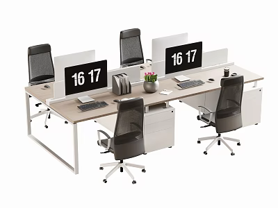 Modern Office Desk Workstation With Computer Monitors Office Chairs Dividers And Potted Plant 3d model