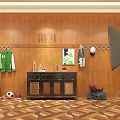Public Office Space With Wooden Walls Round Mirror Sofa Pillows And Parquet Flooring