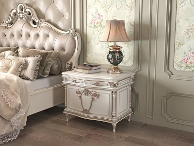Ornate White Nightstand With Table Lamp And Books In Classic Bedroom With Floral Wallpaper 3d model