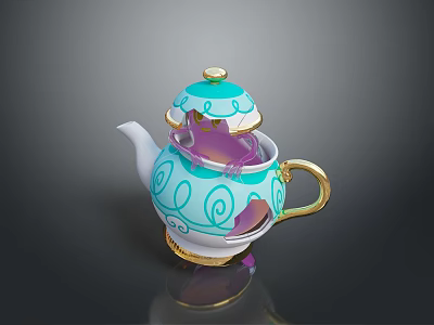 Unique Decorative Turquoise Teapot With White Swirl Patterns And Gold Accents 3d model
