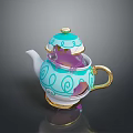 Unique Decorative Turquoise Teapot With White Swirl Patterns And Gold Accents