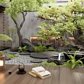 Japanese Style Courtyard Garden With Maple Trees Stone Lantern Small Fountain And Wooden Flooring