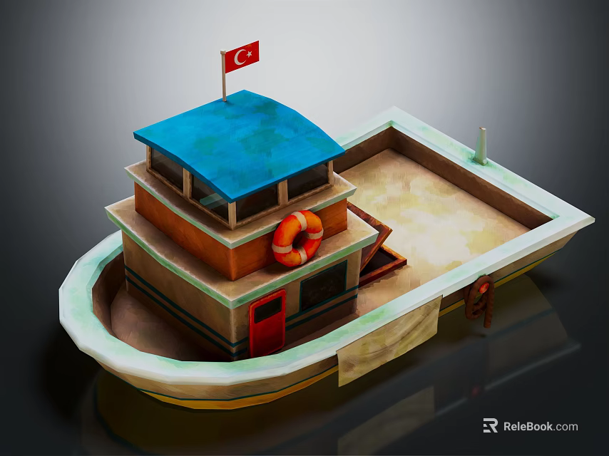 Traditional Wooden Boat With Blue Roof Red Lifebuoy And Red Flag On Deck 3d model 