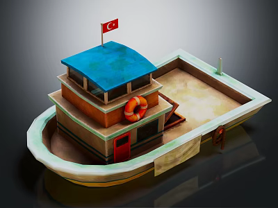 Traditional Wooden Boat With Blue Roof Red Lifebuoy And Red Flag On Deck 3d model