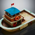 Traditional Wooden Boat With Blue Roof Red Lifebuoy And Red Flag On Deck