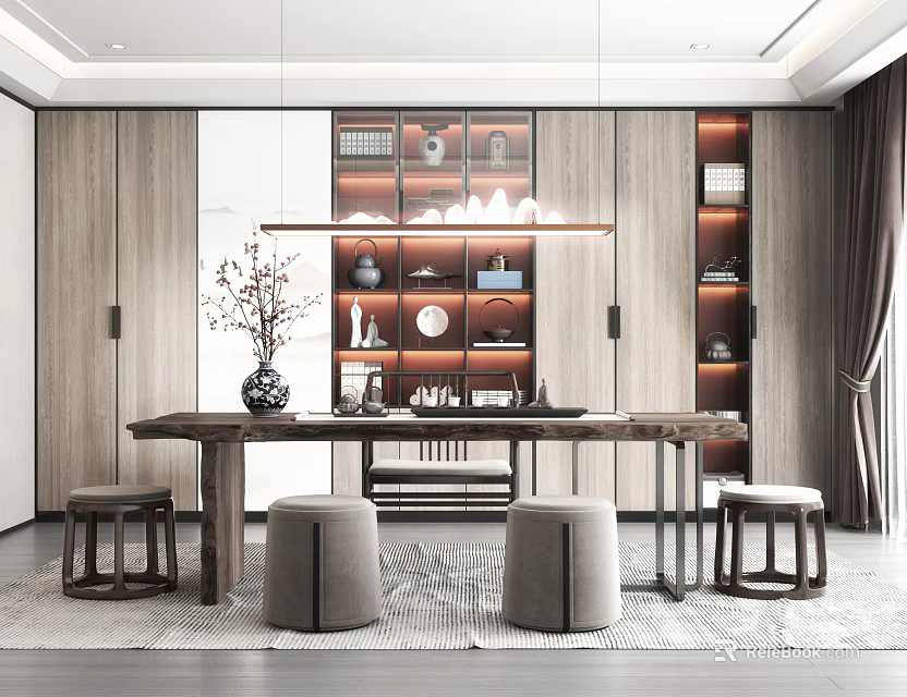 Modern Study Room Interior With Long Wooden Table Stools Decorative Bookshelves And Pendant Light 3d model 