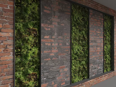 Rustic Brick Background Wall Integrated With Lush Green Moss Plant Panels 3d model