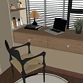 Wooden Desk with Drawers by Window With Laptop Table Lamp Books Potted Plant and Chair