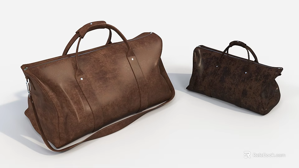 Brown Leather Duffel Bags In Large And Small Sizes With Handle Straps 3d model 