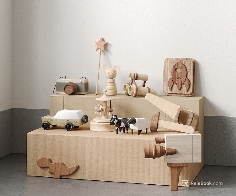 Wooden Dolls With Animal Shapes Car Rocket And Star On Cardboard Display Stand 3d model 