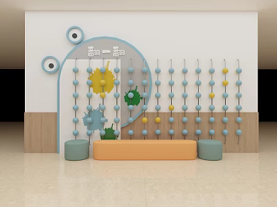 Kindergarten Play Area with Blue Arch Eye Decor Colorful Beads Orange Platform Blue Stools 3d model