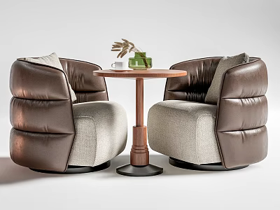 Modern Brown Leather Beige Fabric Armchairs With Round Wooden Table And Green Vase Plants 3d model