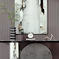 Modern Console Table with Mirror Vase Plant Alarm Clock and Striped Wall