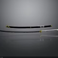 Traditional Samurai Weapon Featuring Black Scabbard Gold Accents and Sharp Blade on Reflective Surface