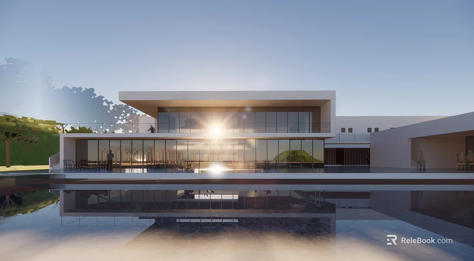 Modern Museum Building With Glass Facade And Reflection Pool Under Sunlight 3d model 