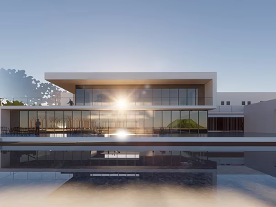 Modern Museum Building With Glass Facade And Reflection Pool Under Sunlight 3d model