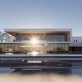 Modern Museum Building With Glass Facade And Reflection Pool Under Sunlight 3d model