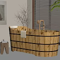 Natural Wooden Bathtub Interior With Slatted Design Small Stool And Window