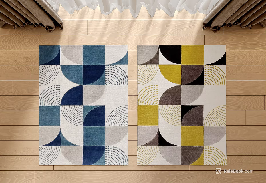 Modern Square Rugs Featuring Geometric Circular Patterns Blue Yellow Gray Design 3d model