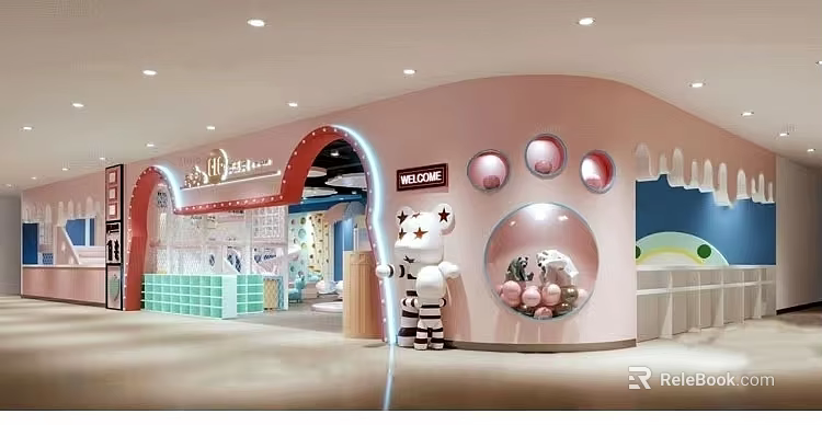 Pink Indoor Playground With Cartoon Character Welcome Sign And Bright Kids Play Area 3d model 