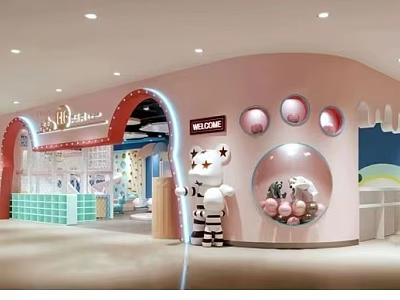 Pink Indoor Playground With Cartoon Character Welcome Sign And Bright Kids Play Area 3d model