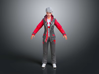 Human 3D Character With Silver Hair Red Sleeves And Gray Pants Standing Pose 3d model