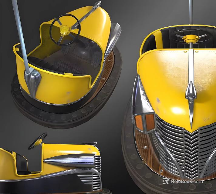 Yellow Electric Toy Bumper Car With Vintage Design Chrome Details And Steering Wheel 3d model 