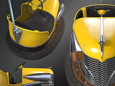 Yellow Electric Toy Bumper Car With Vintage Design Chrome Details And Steering Wheel 3d model