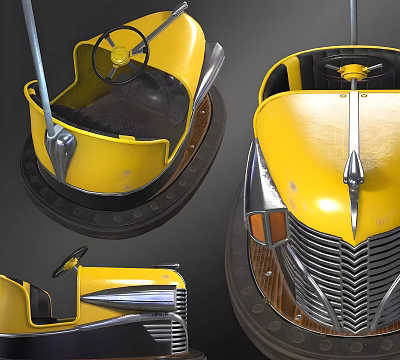 Yellow Electric Toy Bumper Car With Vintage Design Chrome Details And Steering Wheel 3d model