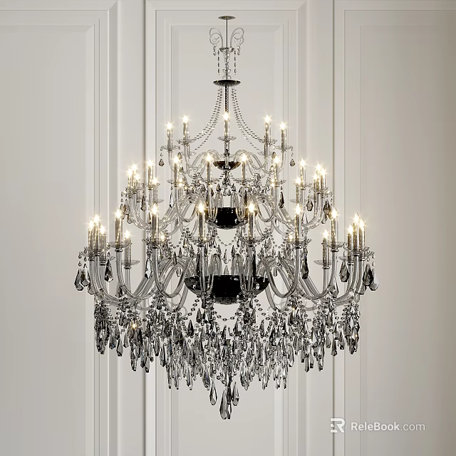 Elegant Crystal Chandelier With Multiple Lit Bulbs Against White Vertical Striped Wall 3d model 