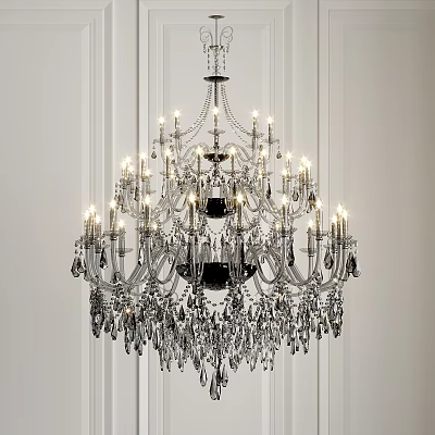 Elegant Crystal Chandelier With Multiple Lit Bulbs Against White Vertical Striped Wall 3d model