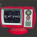 Vintage Red Chesstar Electronic Appliance With Screen Displaying BE NOT AFRAID Knobs And Stand