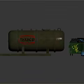 Military Green Fuel Tank With Red Danger Sign Alongside Green C4 Box And Small Spheres