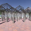 Modern White Pergola Structure With Multiple Columns And Brick Paved Ground 3d model