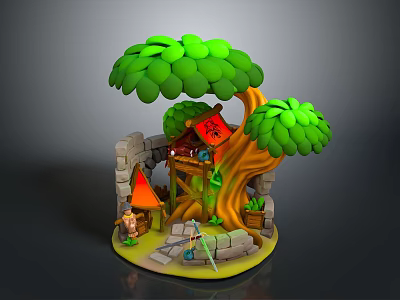 Magical Tree Scene Featuring Stone Archway Wooden Cabin Red Flag And Figure 3d model