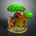 Magical Tree Scene Featuring Stone Archway Wooden Cabin Red Flag And Figure