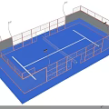 Outdoor Sports Court With Blue Surface Orange Fencing White Lines And Lighting