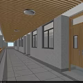 School Hallway With Wooden Ceiling White Walls Windows And Students Walking