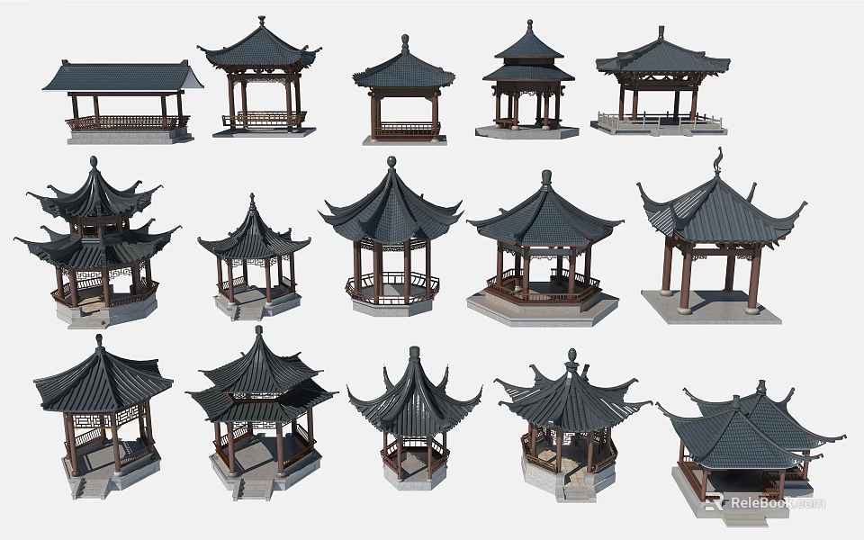 Traditional Chinese Pavilion 3D Models Collection With Various Traditional Roof Designs 3d model 