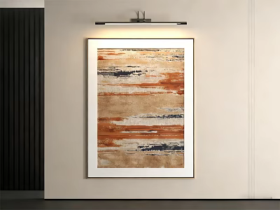 Abstract Painting In White Frame With Orange Brown Black Tones On Light Wall With Lamp 3d model