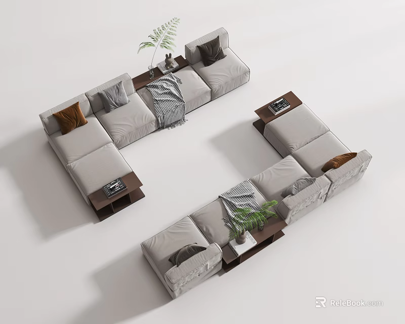 Modern Light Gray Sectional Sofa With Throw Pillows Side Tables And Green Plants 3d model