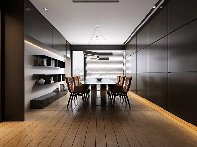 Elegant Modern Restaurant Interior With Dining Table Chairs Pendant Light And Wooden Floor 3d model