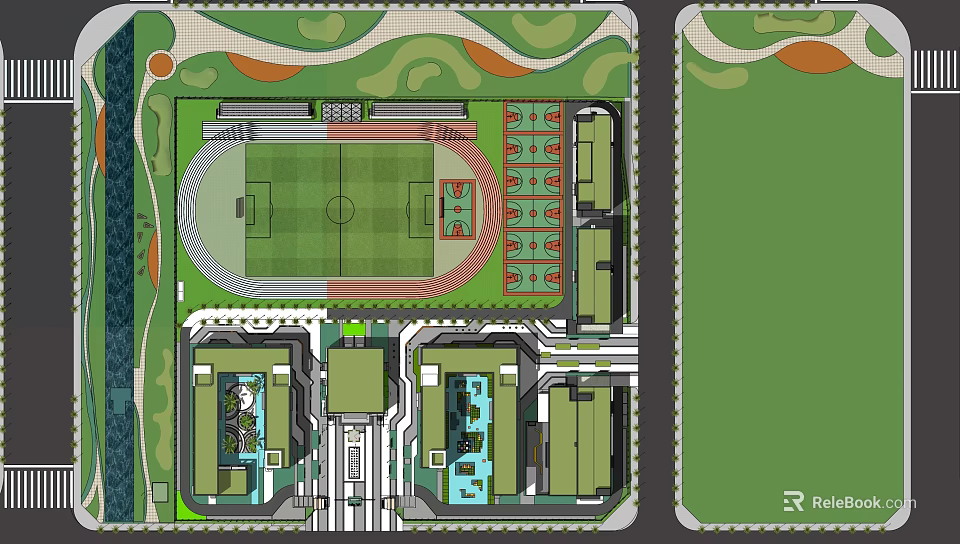 Garden Landscape Design With Sports Field Green Spaces And Building Layout 3d model 