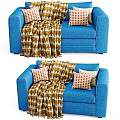 Blue Two Seater Sofa With Geometric Pattern Blanket And Checkered Pillows 3d model