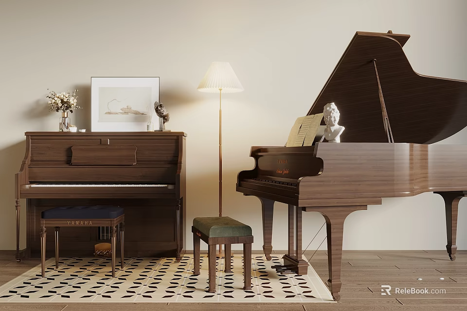 Musical Instruments Art Supplies Room with Upright Grand Pianos Picture Frame Decor Stools 3d model 